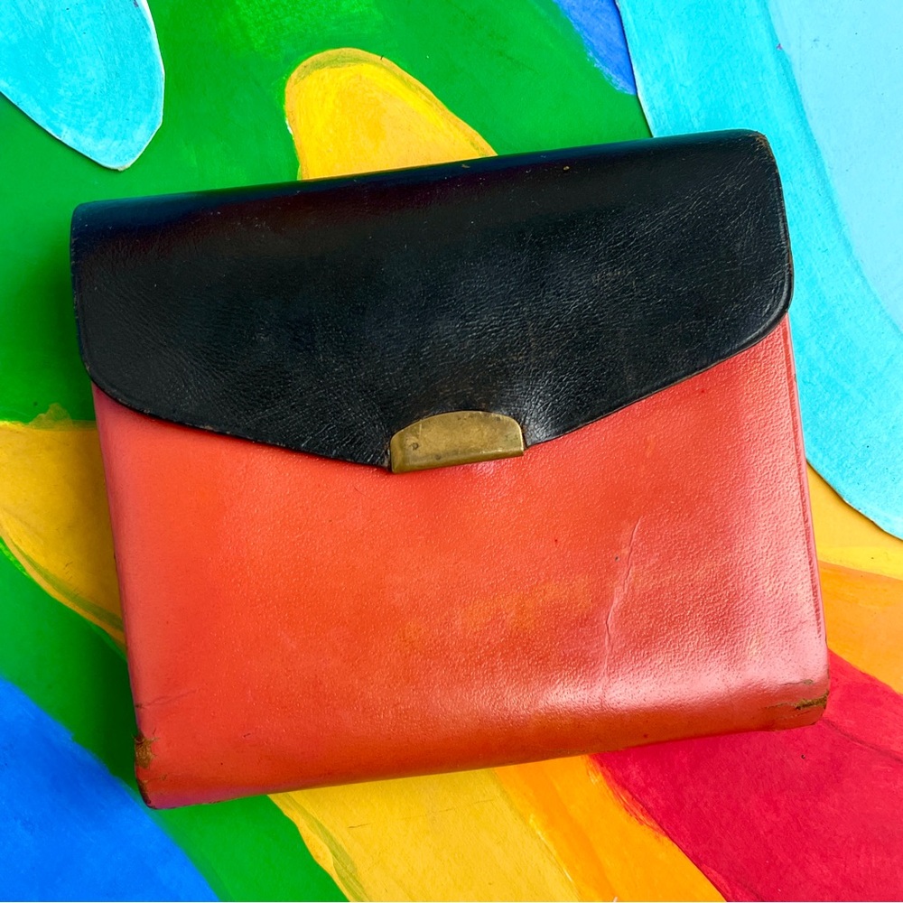30s 40s vintage pink & black cowhide leather art deco trifold wallet